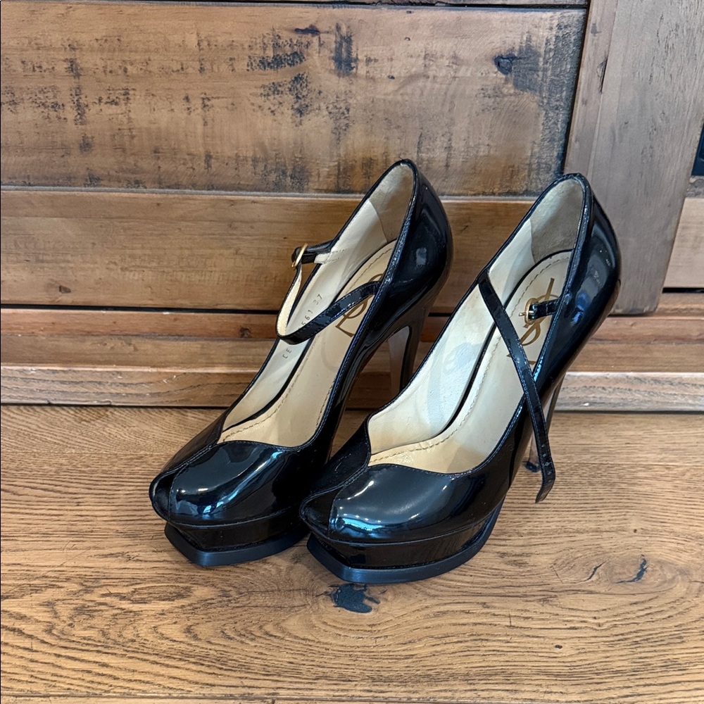 Yves Saint Laurent YSL Black Patent Mary Jane Platform Pumps